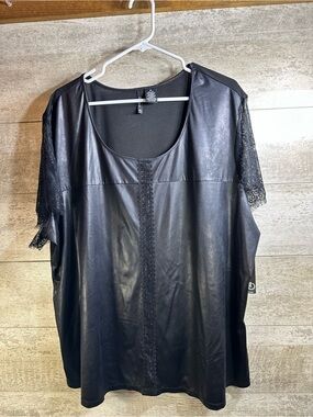 New Directions Faux Leather & Lace Blouse Black Plus Size 3X
